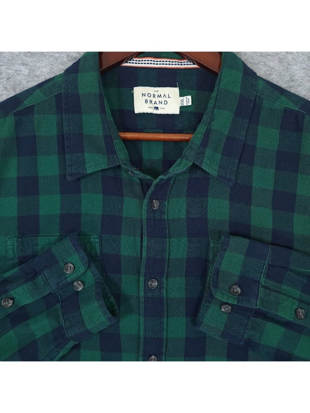 The Normal Brand Mens Button Up Shirt XXL 2XL Green Navy Buffalo Check Plaid